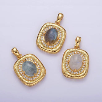 Aim Eternal - 14K Gold Filled 21mm Moonstone, Labradorite, Blue Agate Oval Micro Paved CZ Lined Pendant | AA-689 - AA-691